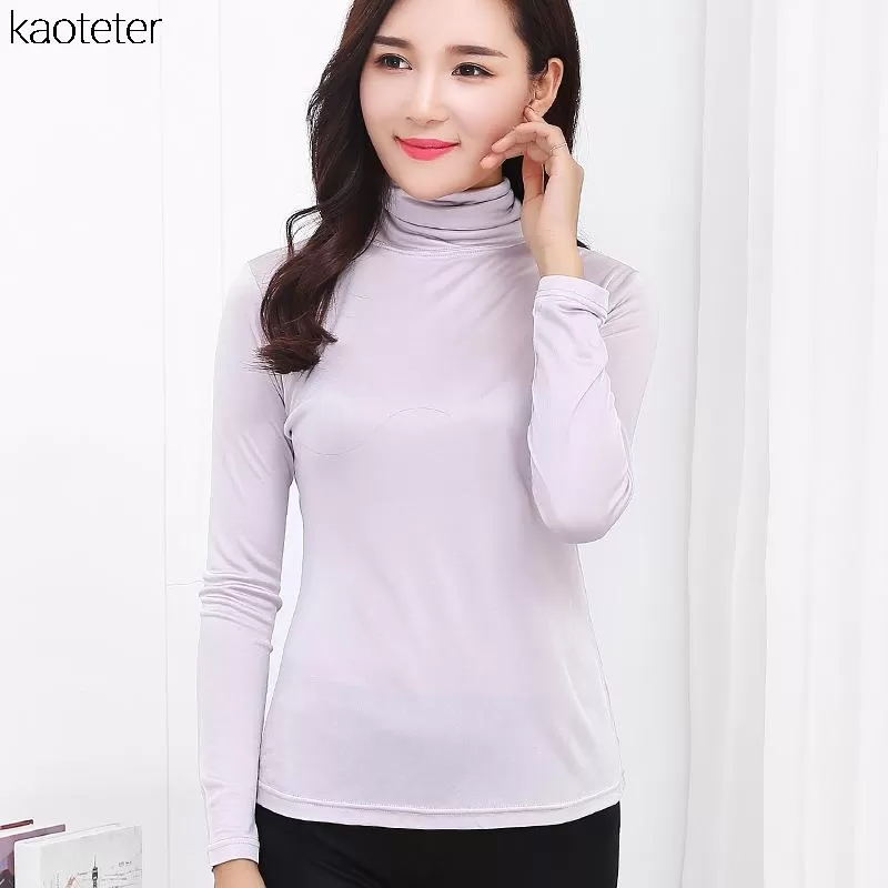 100% Pure Silk Women'S T-Shirts New Autumn Basic Long Sleeve Turn-Down Collar Casual Female Tees Shi