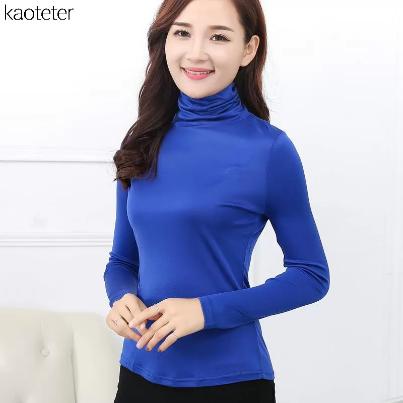 100% Pure Silk Women'S T-Shirts New Autumn Basic Long Sleeve Turn-Down Collar Casual Female Tees Shi