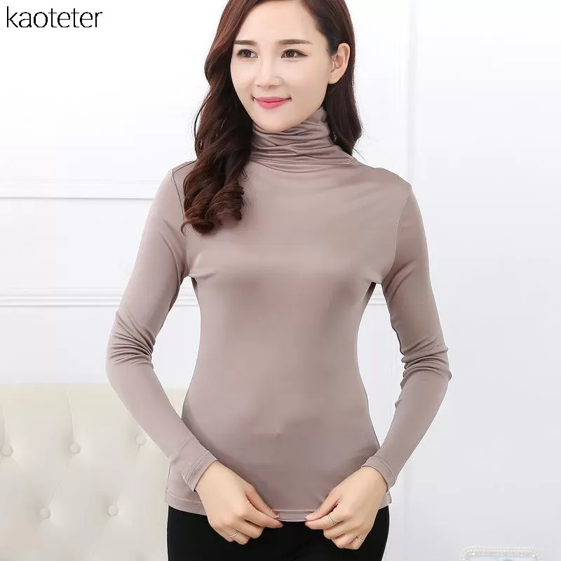 100% Pure Silk Women'S T-Shirts New Autumn Basic Long Sleeve Turn-Down Collar Casual Female Tees Shi