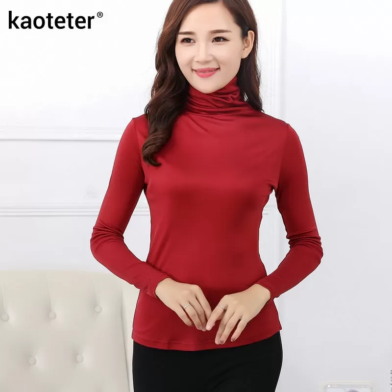 100% Pure Silk Women'S T-Shirts New Autumn Basic Long Sleeve Turn-Down Collar Casual Female Tees Shi