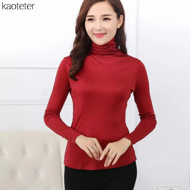 100% Pure Silk Women'S T-Shirts New Autumn Basic Long Sleeve Turn-Down Collar Casual Female Tees Shi