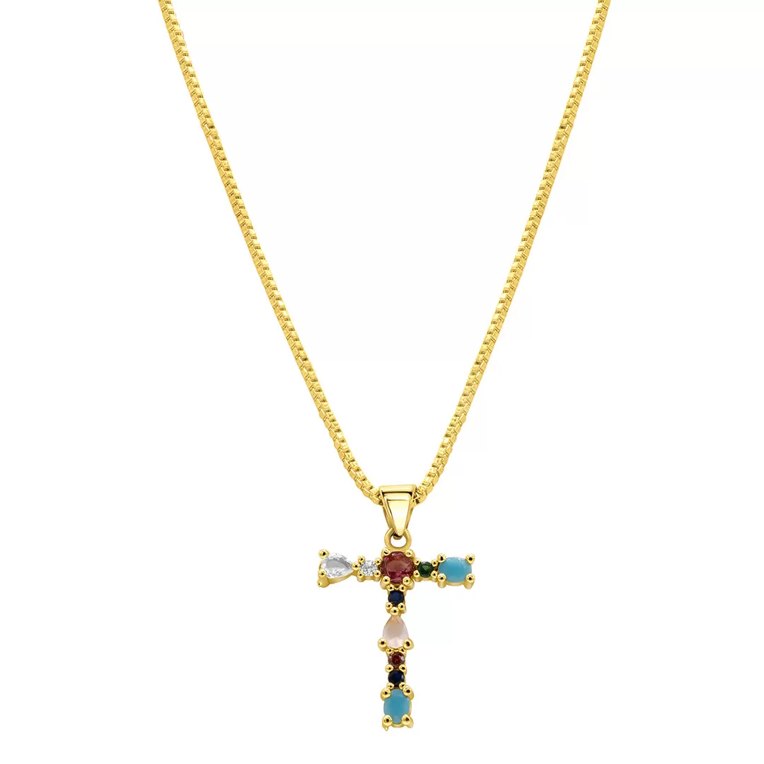 14K Gold Plated Multi Color Stone Initial Necklace