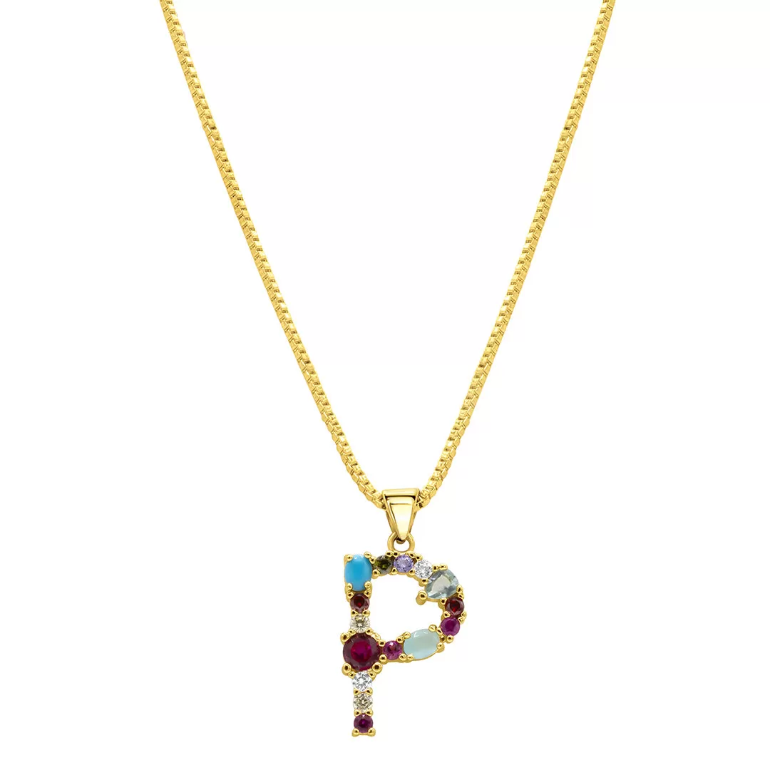 14K Gold Plated Multi Color Stone Initial Necklace