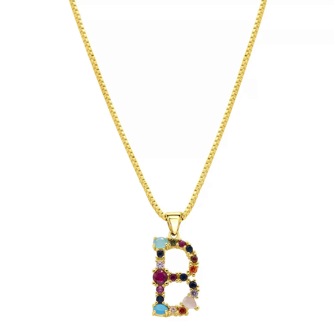 14K Gold Plated Multi Color Stone Initial Necklace