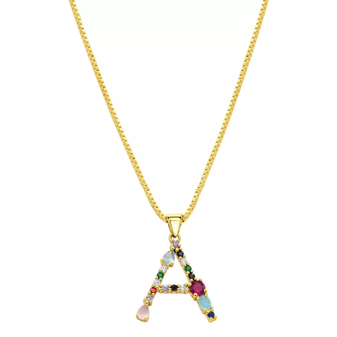 14K Gold Plated Multi Color Stone Initial Necklace