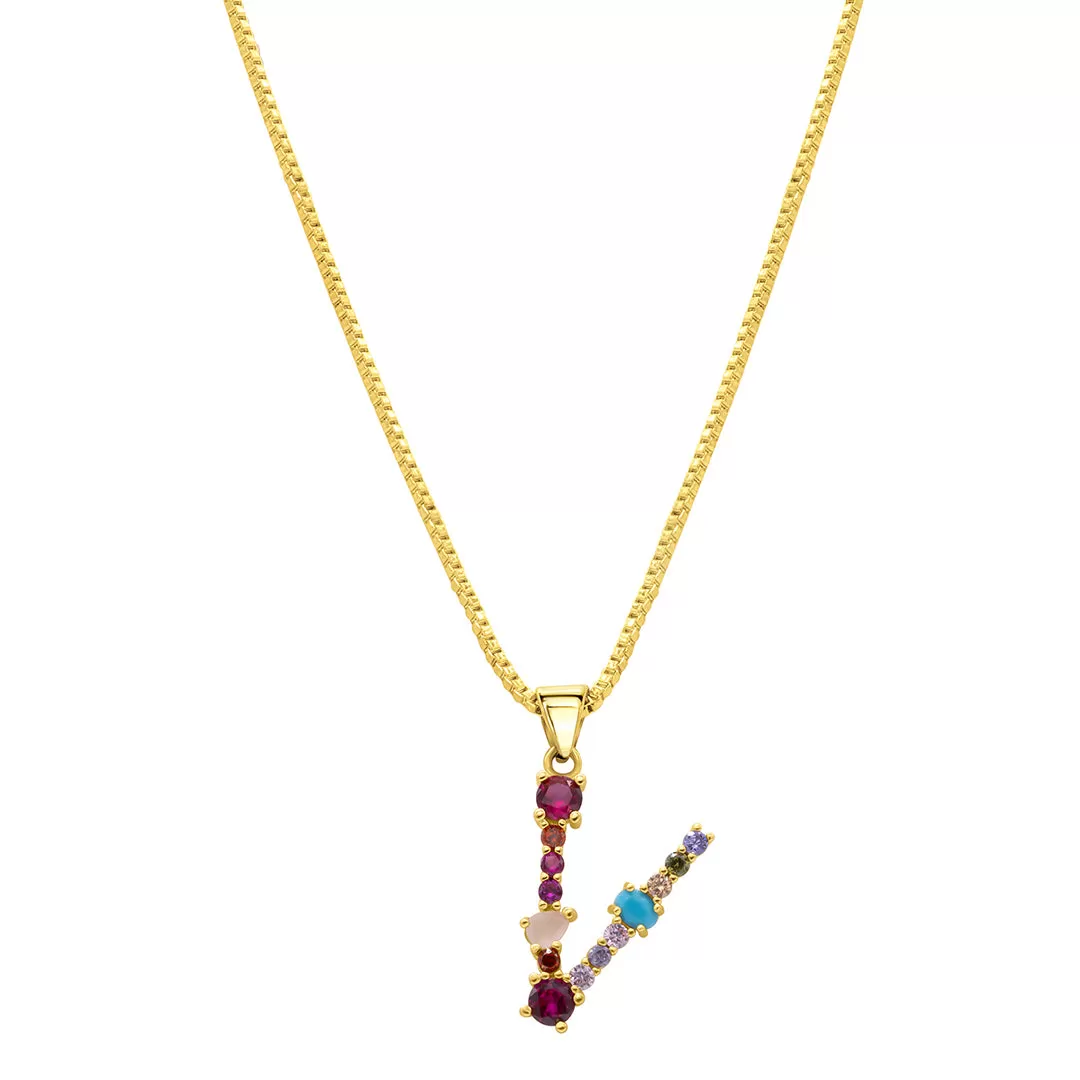 14K Gold Plated Multi Color Stone Initial Necklace