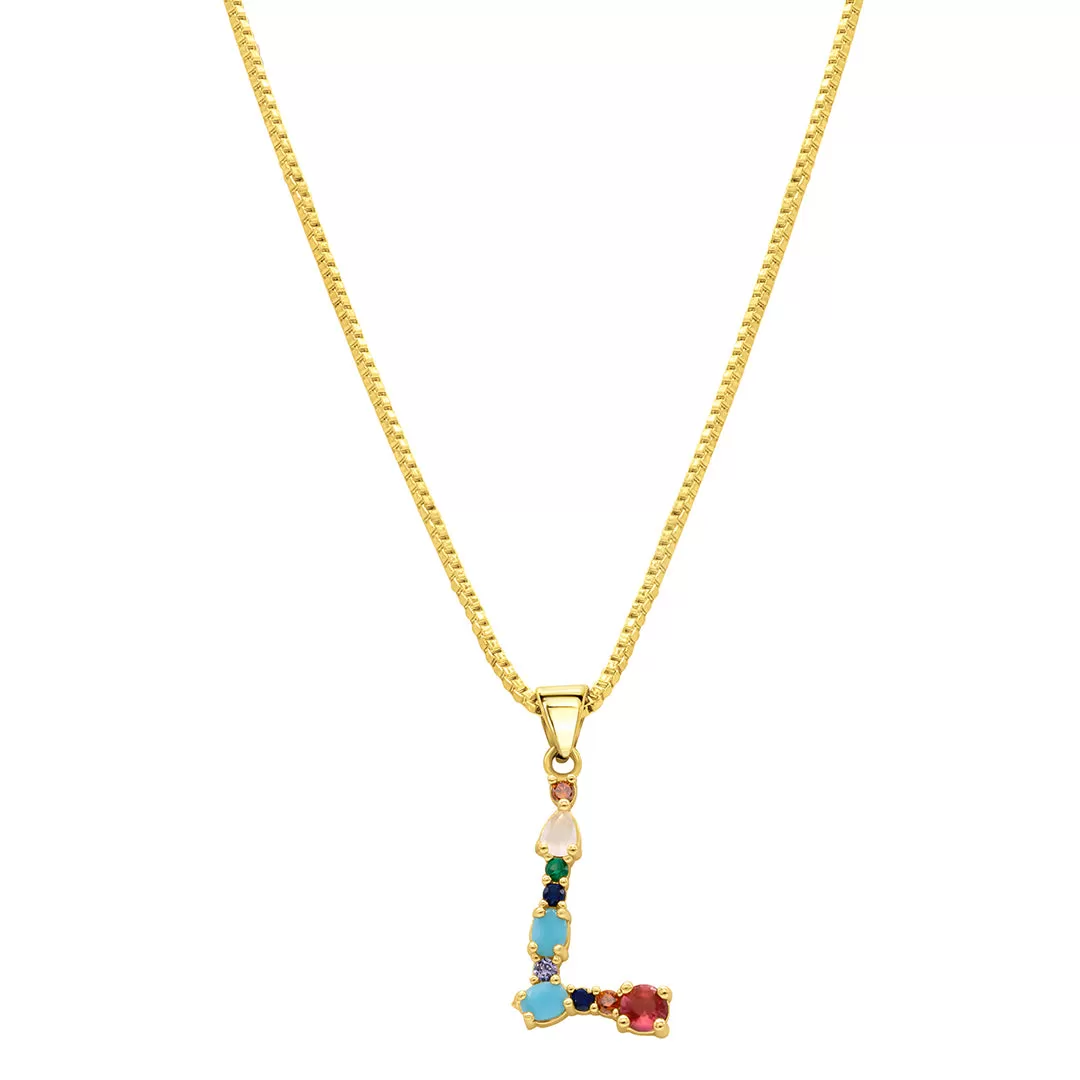 14K Gold Plated Multi Color Stone Initial Necklace