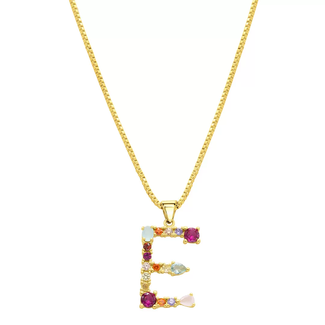 14K Gold Plated Multi Color Stone Initial Necklace