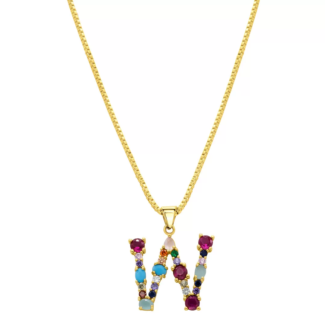 14K Gold Plated Multi Color Stone Initial Necklace