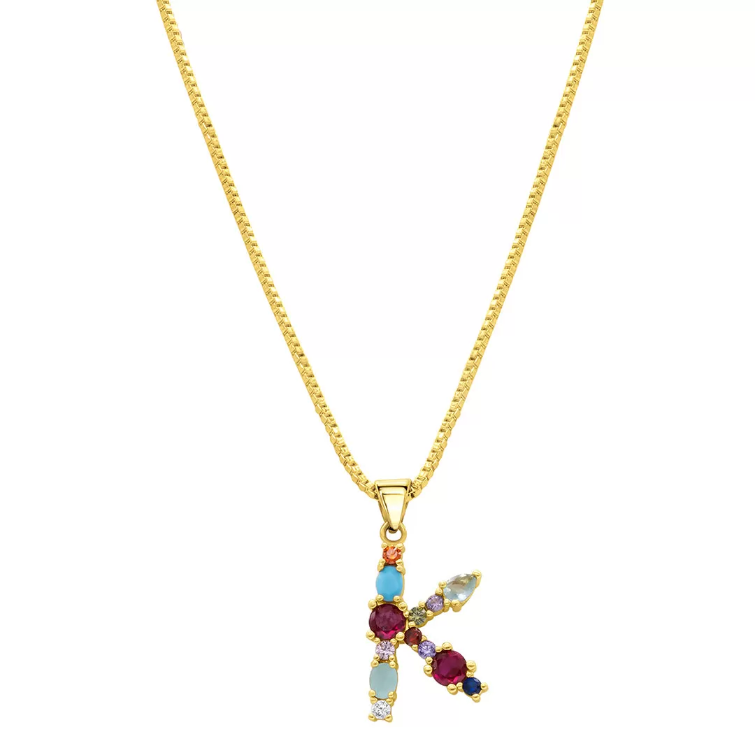 14K Gold Plated Multi Color Stone Initial Necklace