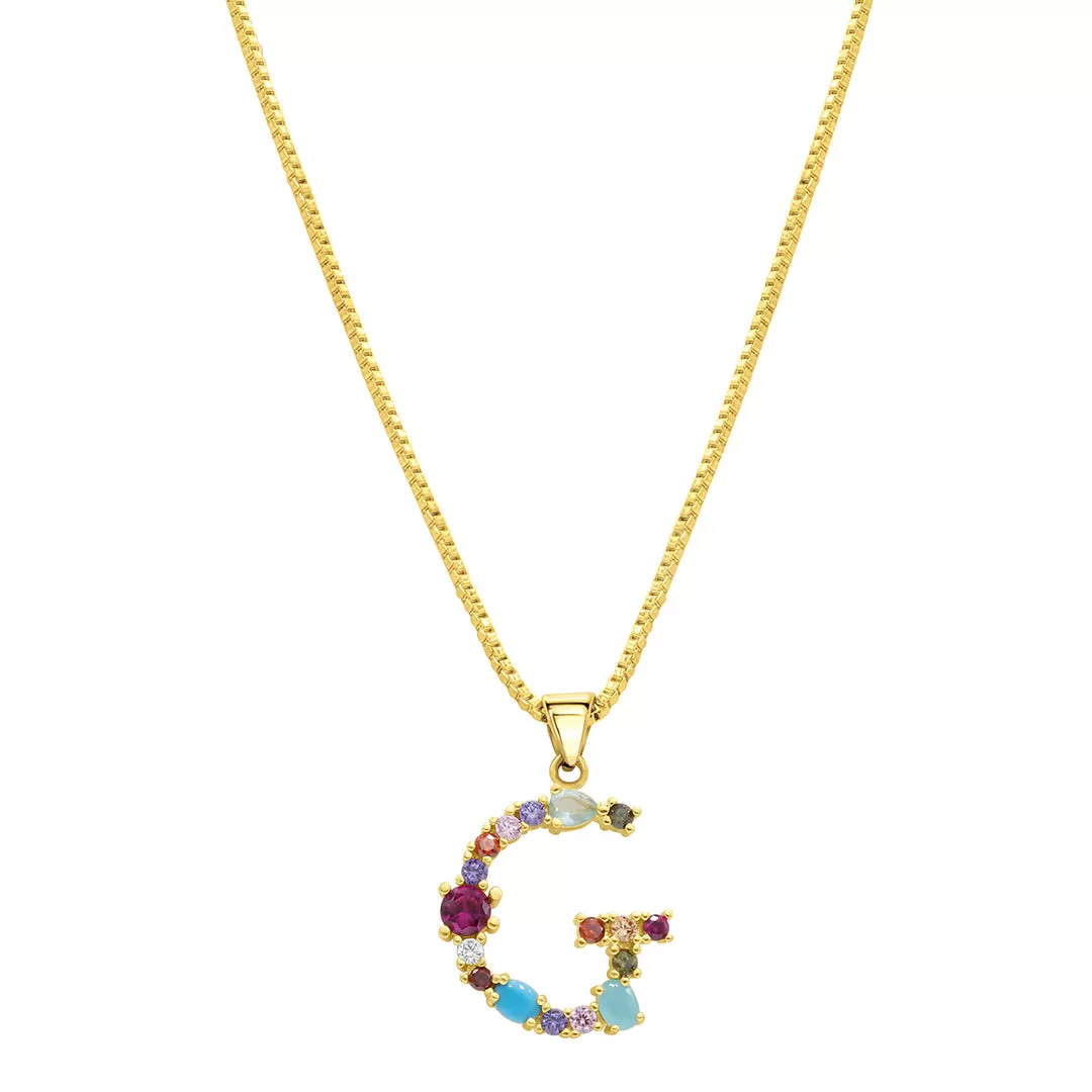 14K Gold Plated Multi Color Stone Initial Necklace