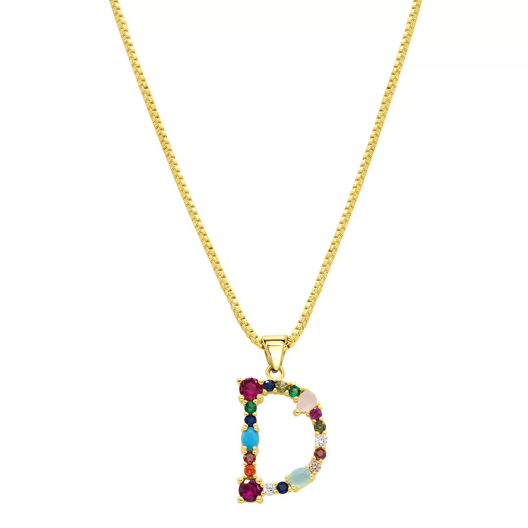 14K Gold Plated Multi Color Stone Initial Necklace