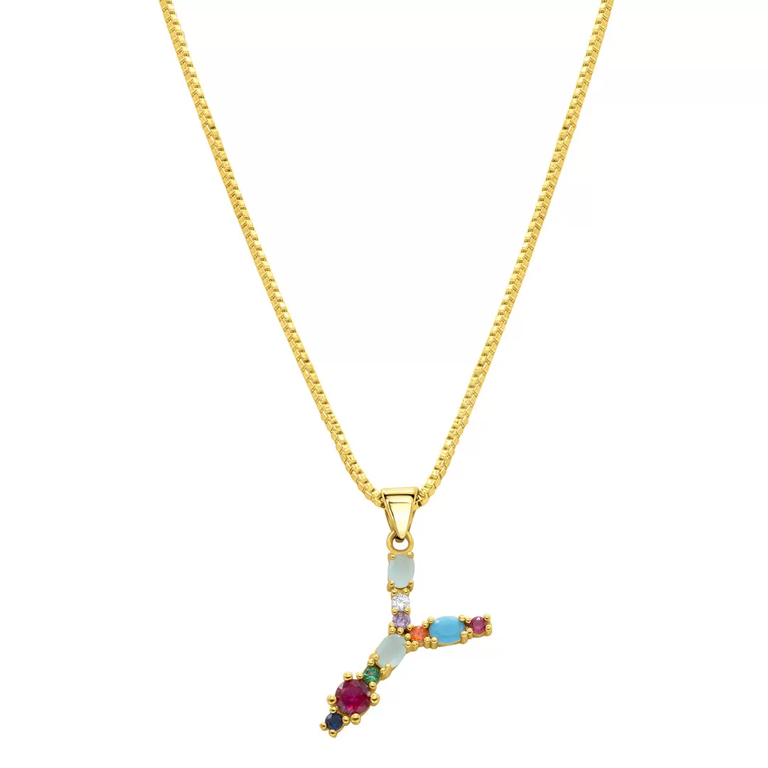 14K Gold Plated Multi Color Stone Initial Necklace