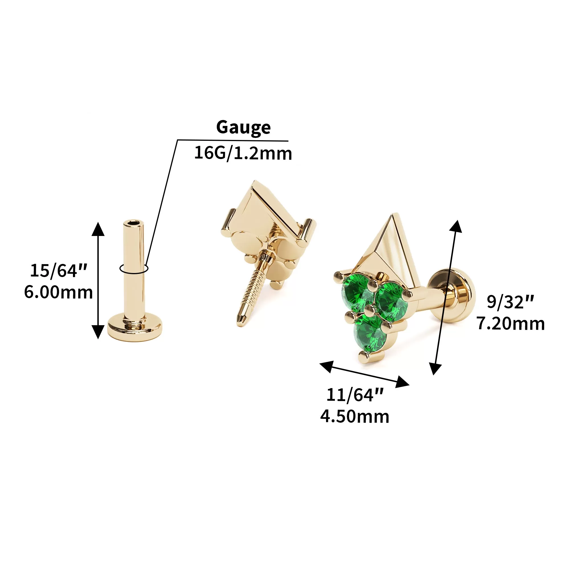 14K Gold Trio Emerald Pyramid Stud