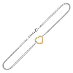 14k Yellow Gold and Sterling Silver Anklet with a Single Open Heart Station, size 10''