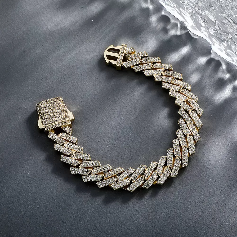 14mm Diamond Prong Cuban Bracelet in Yellow Gold