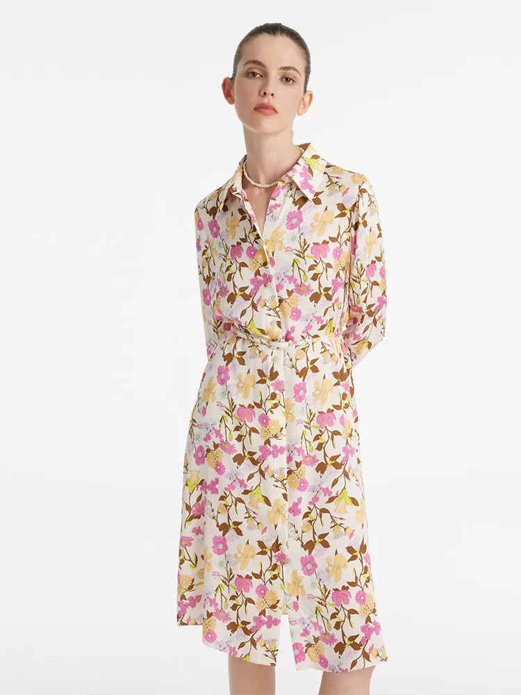 19 Momme Mulberry Silk Floral Printed Women Midi Dress With Belt