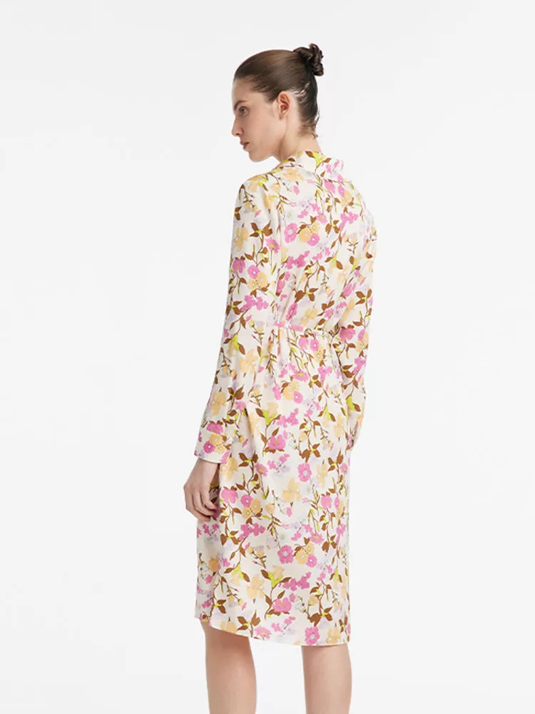 19 Momme Mulberry Silk Floral Printed Women Midi Dress With Belt