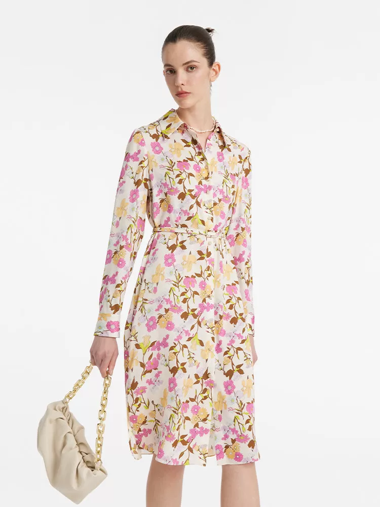 19 Momme Mulberry Silk Floral Printed Women Midi Dress With Belt