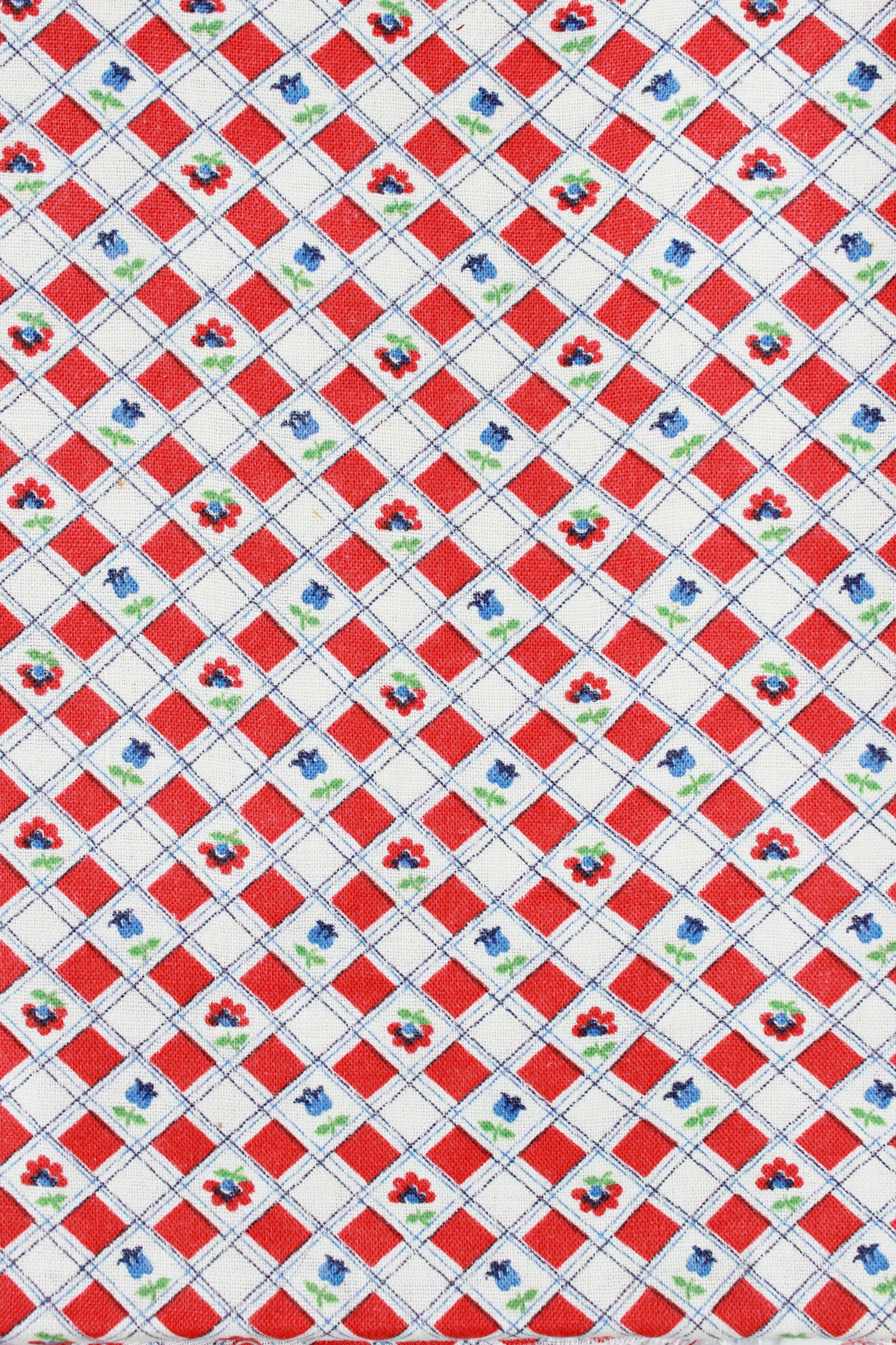 1940s Floral Check Feedsack, Red/Blue/White/Green, Vintage Summer Fabric, 1940s Tulip Print Feedsack