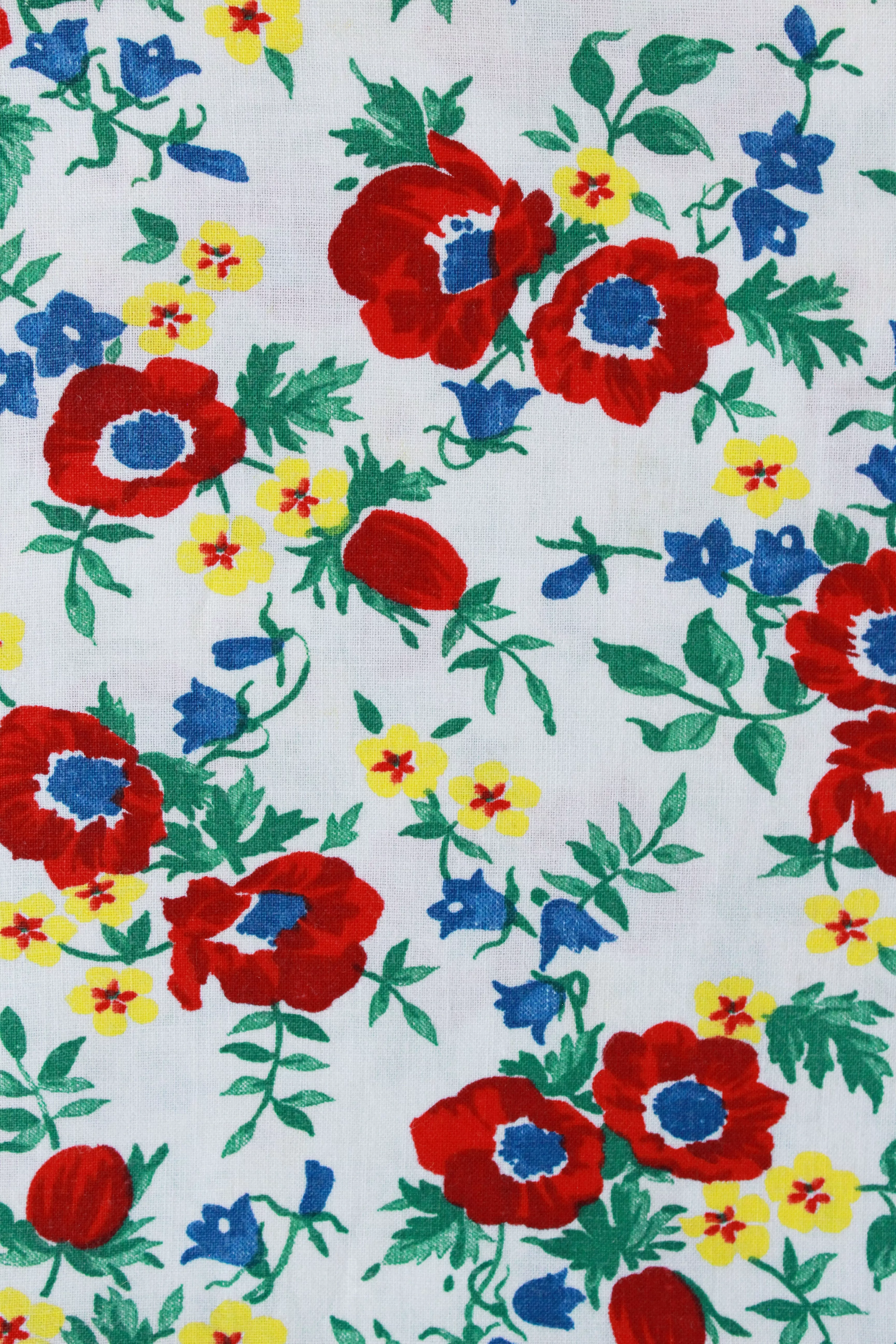 1940s Floral Feedsack Fabric With Red Flowers, Green, Blue And Yellow Details, 1940 Summer Fabric