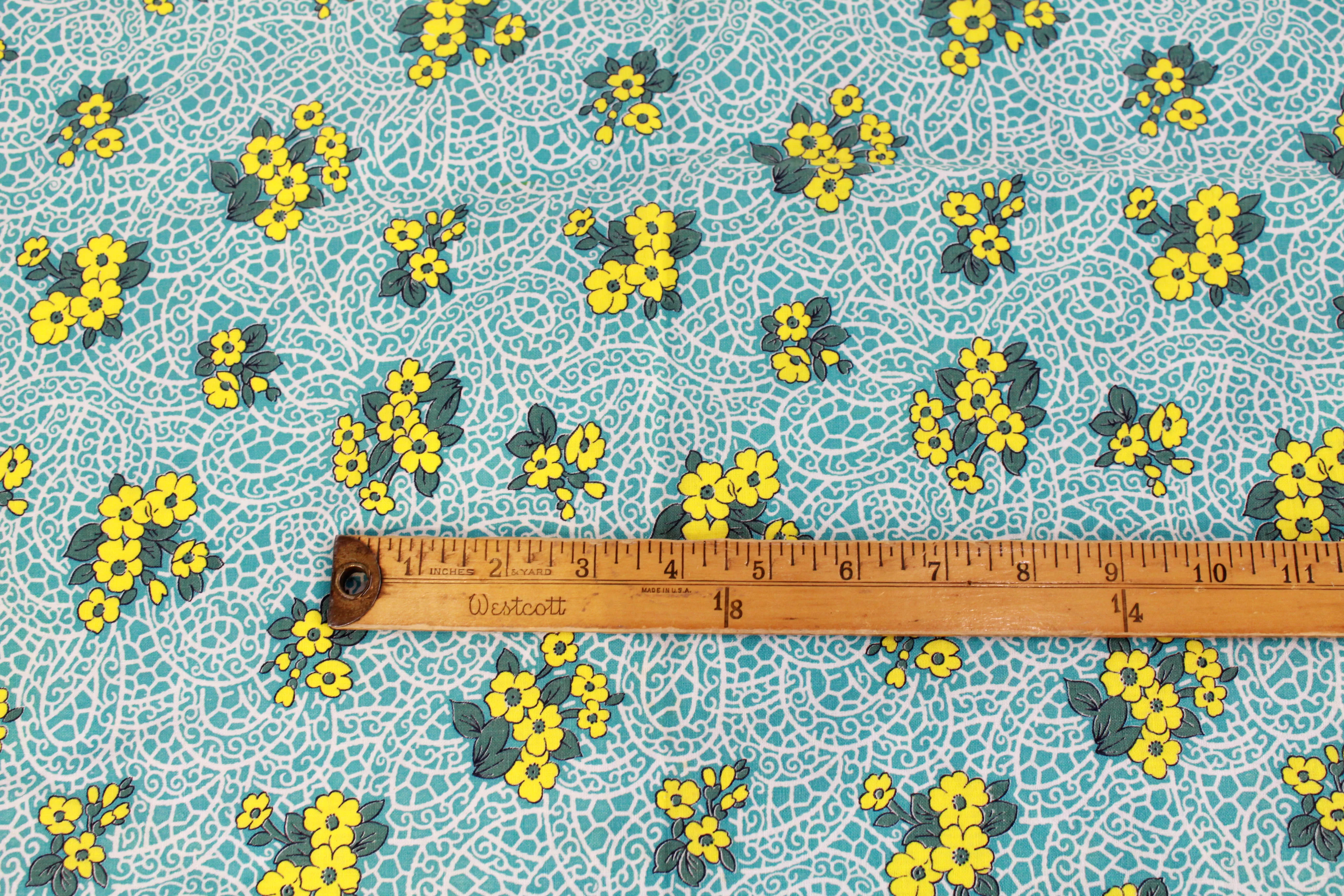 1940s Turquoise Yellow Floral Print Feedsack Cotton Fabric, 2 Pieces