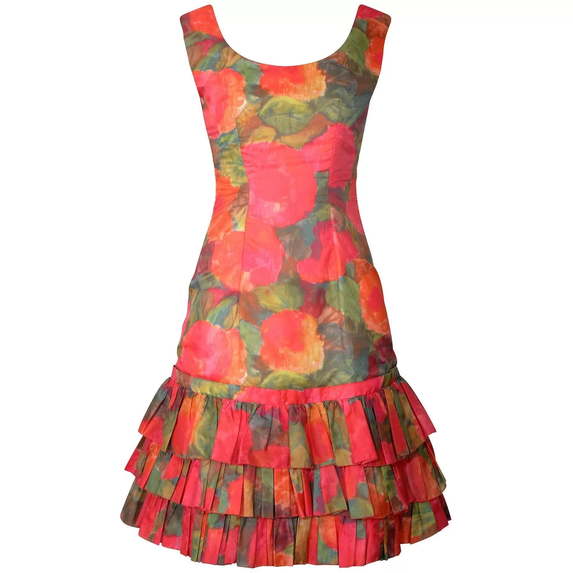 1960s Ruffle Tiered Orange and Pink Watercolour Floral Print Dress