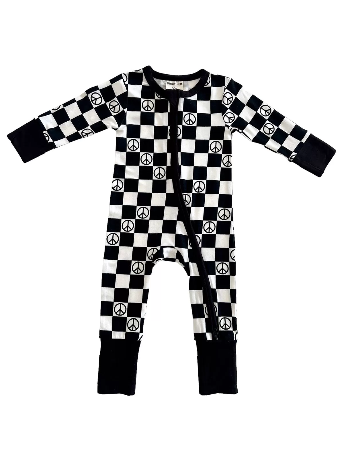 2-Way Convertible Zip Romper, Black Peace Checkerboard