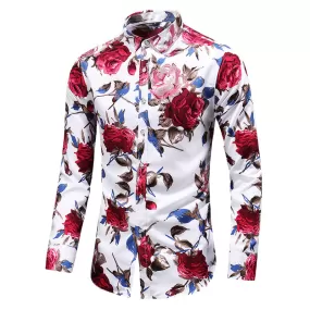 2023 Autumn Men Slim Floral Print Long Sleeve Shirts Fashion Party Holiday Casual Dress Flower Shirt