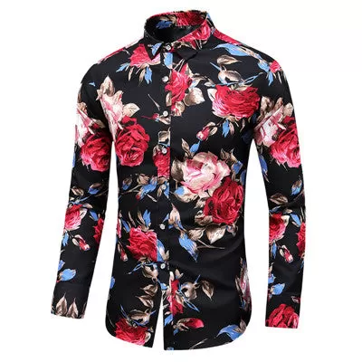 2023 Autumn Men Slim Floral Print Long Sleeve Shirts Fashion Party Holiday Casual Dress Flower Shirt