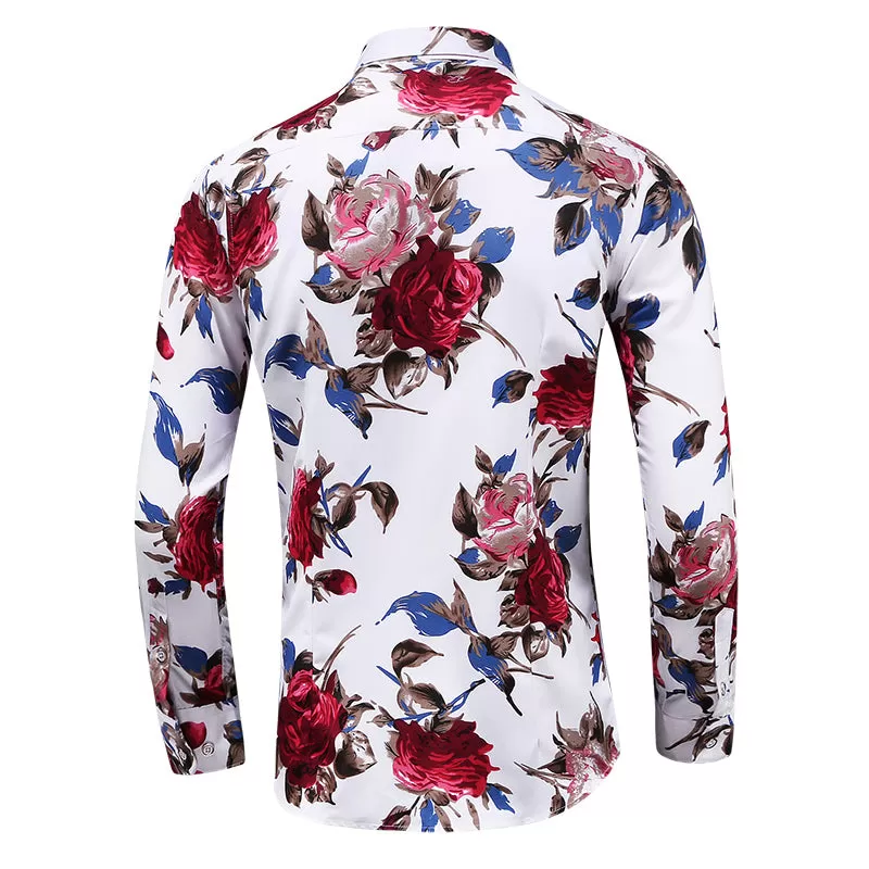 2023 Autumn Men Slim Floral Print Long Sleeve Shirts Fashion Party Holiday Casual Dress Flower Shirt