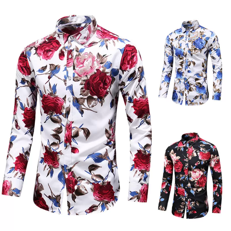 2023 Autumn Men Slim Floral Print Long Sleeve Shirts Fashion Party Holiday Casual Dress Flower Shirt