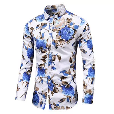 2023 Autumn Men Slim Floral Print Long Sleeve Shirts Fashion Party Holiday Casual Dress Flower Shirt