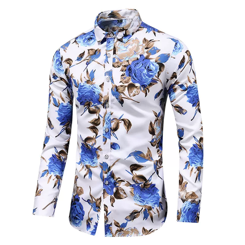 2023 Autumn Men Slim Floral Print Long Sleeve Shirts Fashion Party Holiday Casual Dress Flower Shirt