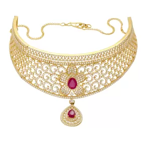 22K Yellow Gold, CZ & Ruby Choker Necklace (62.7gm)