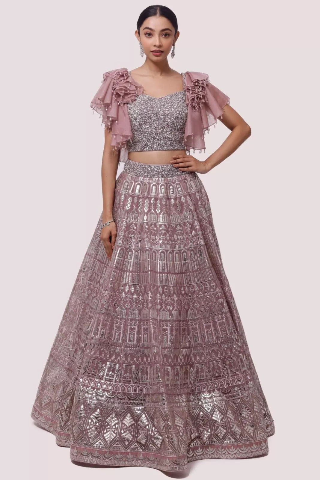 30Z337-RO Dusty Rose Pink Embroidered Organza Lehenga