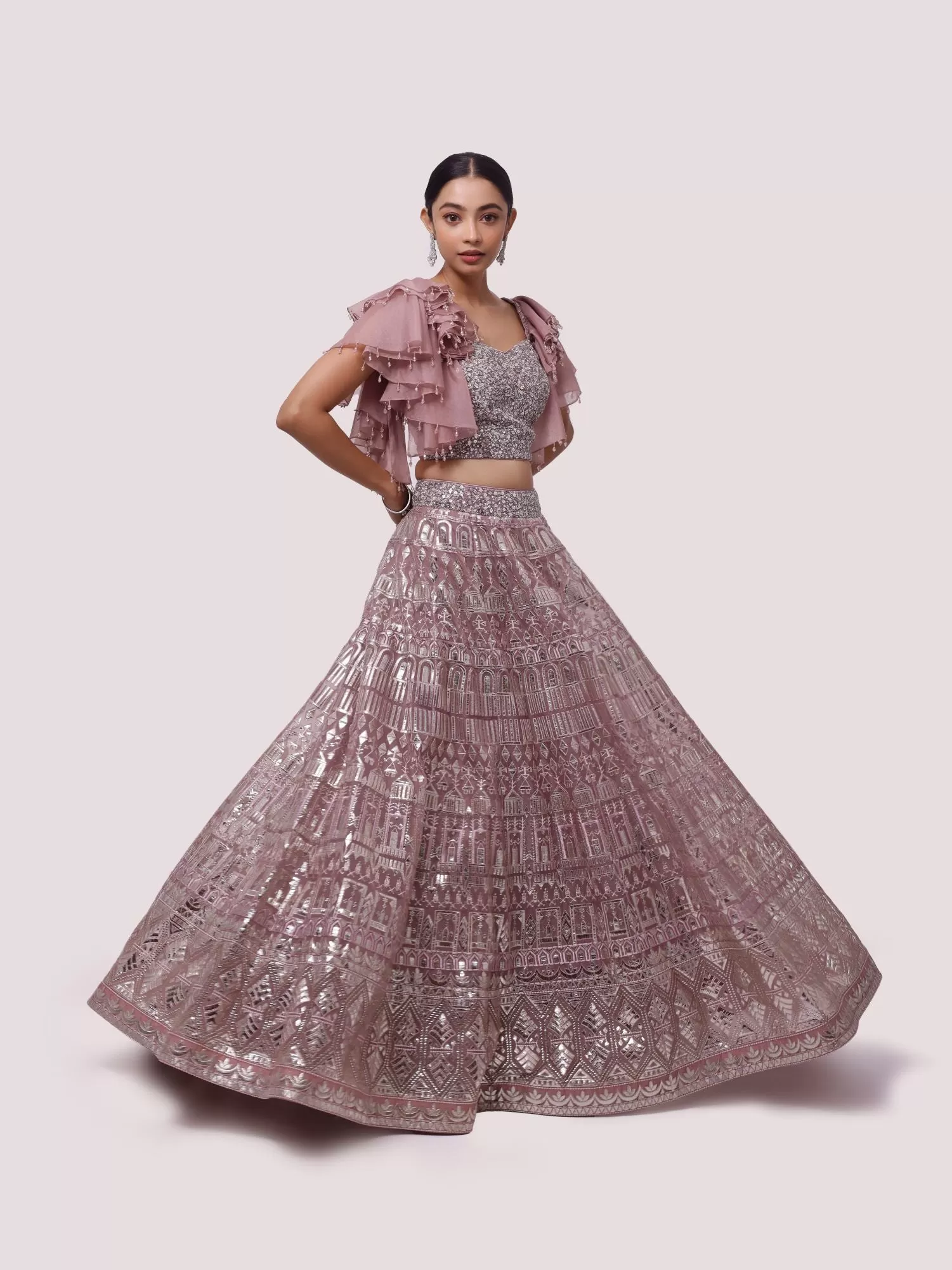 30Z337-RO Dusty Rose Pink Embroidered Organza Lehenga