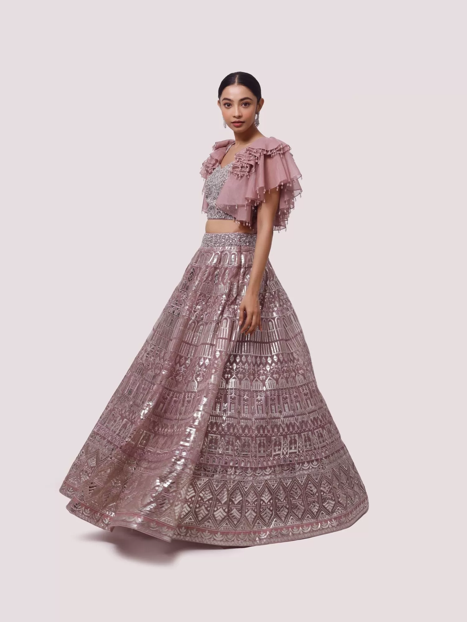 30Z337-RO Dusty Rose Pink Embroidered Organza Lehenga