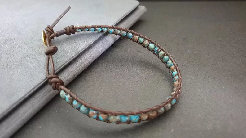 4 mm Blue Sky Jasper Brown Leather Wrap Bracelet Anklet, Leather Bracelet, Beaded Bracelet, Women Anklet , Unisex Bracelet,Men Bracelet