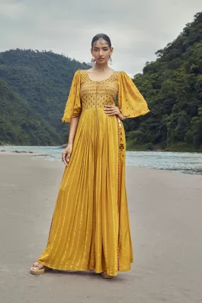 50Z845-RO Yellow Embroidered Georgette Gown