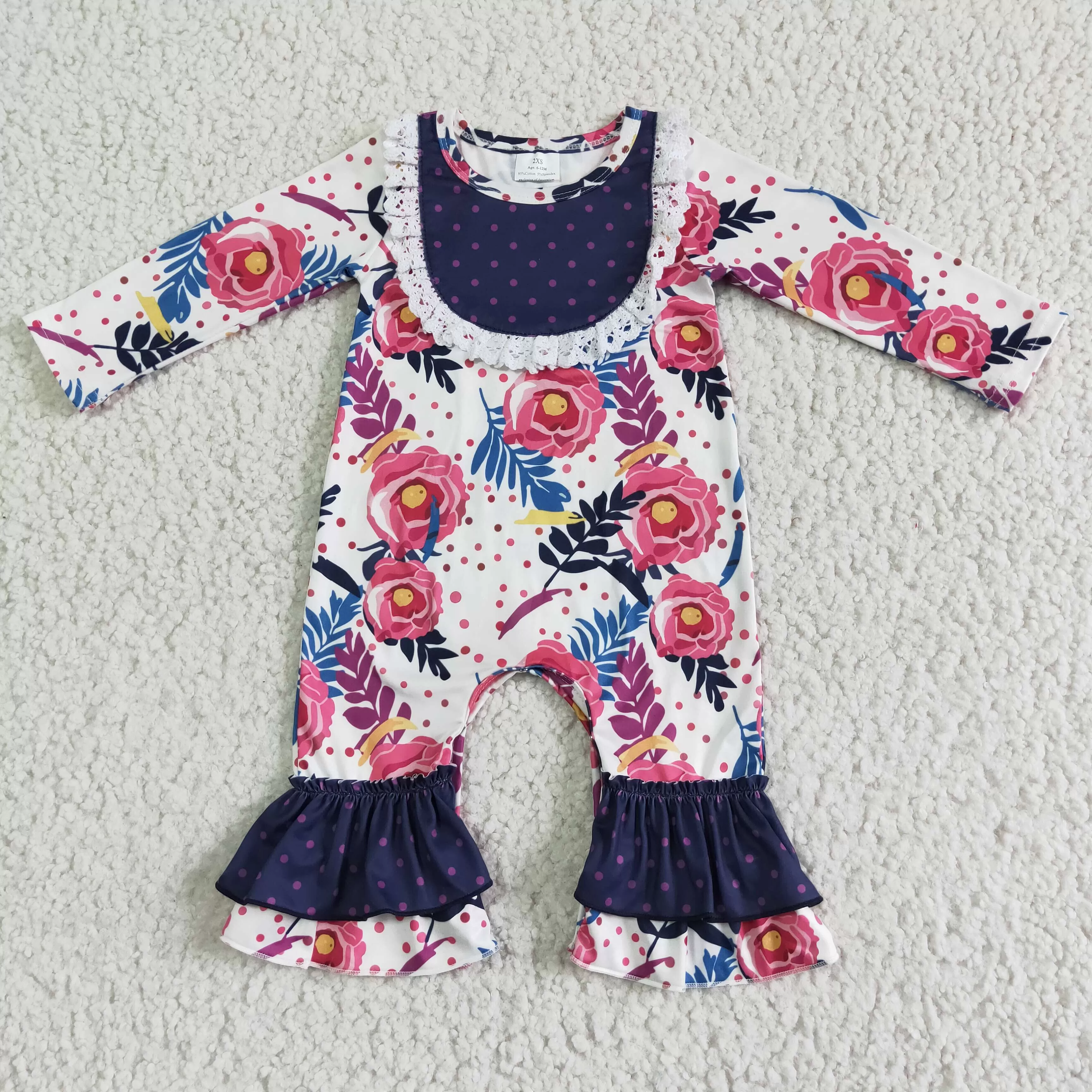 6 A25-17 girl navy floral flower winter long sleeve romper-promotion 2023.12.9