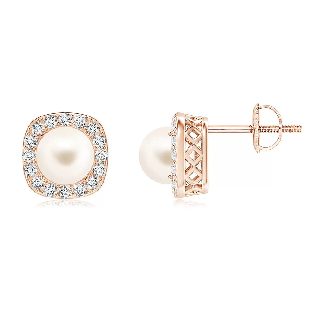 6mm Classic Freshwater Cultured Pearl Stud Earrings with Moissanite Halo