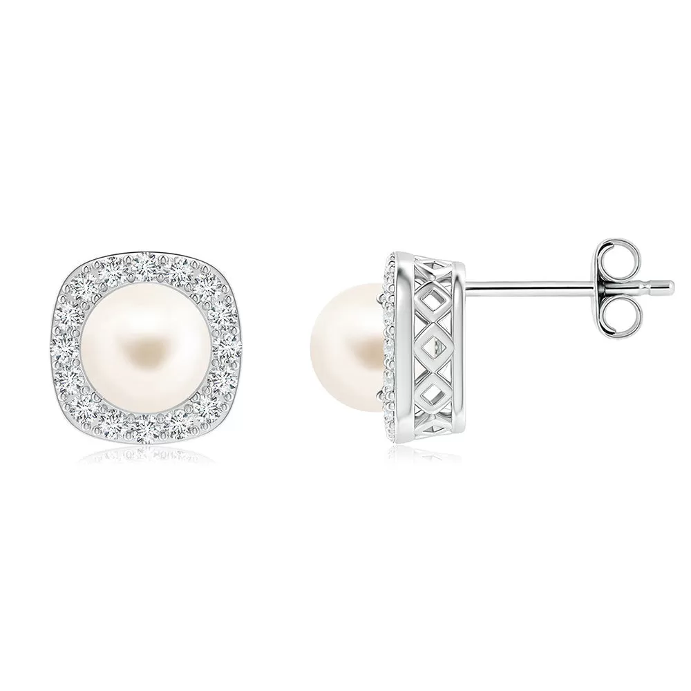 6mm Classic Freshwater Cultured Pearl Stud Earrings with Moissanite Halo