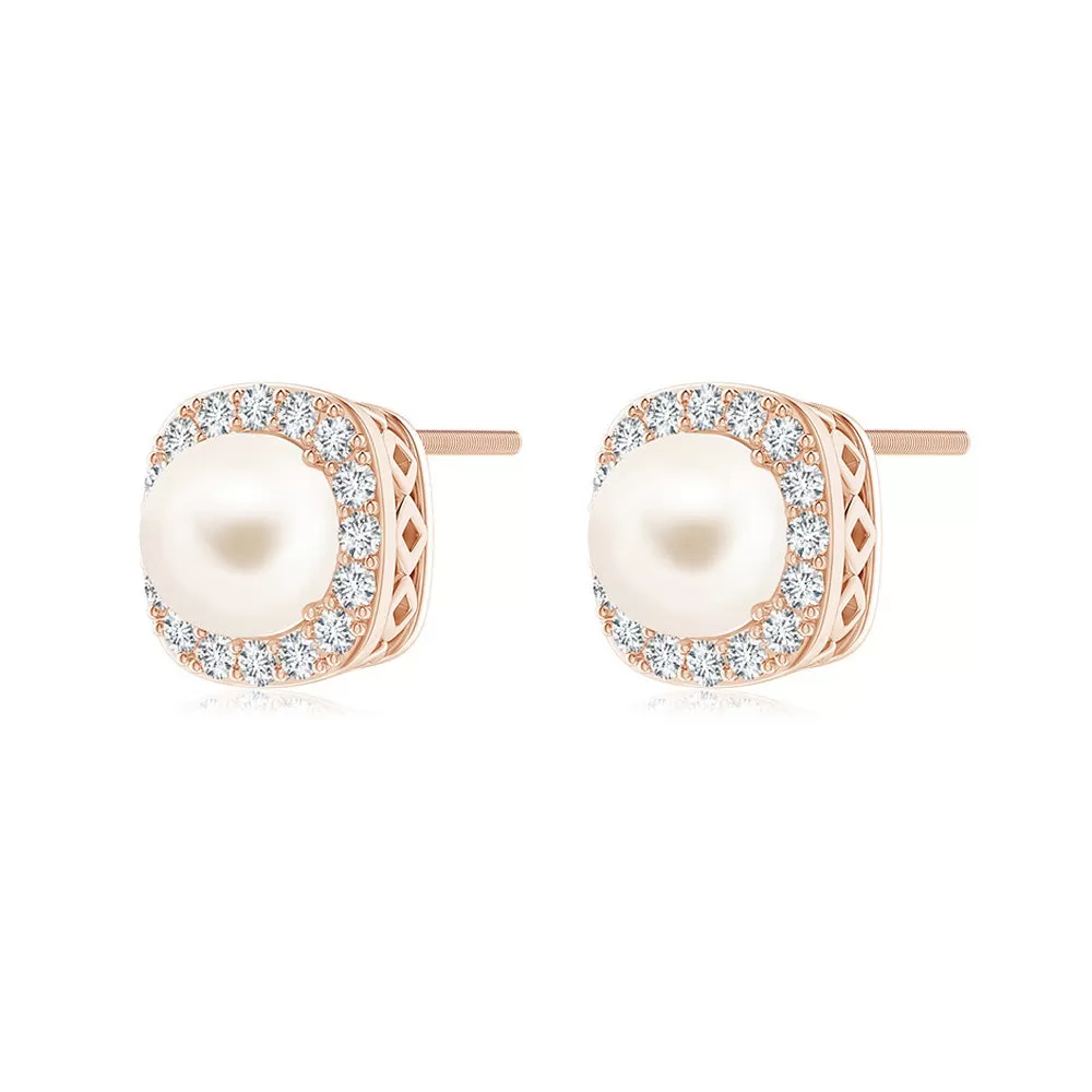 6mm Classic Freshwater Cultured Pearl Stud Earrings with Moissanite Halo