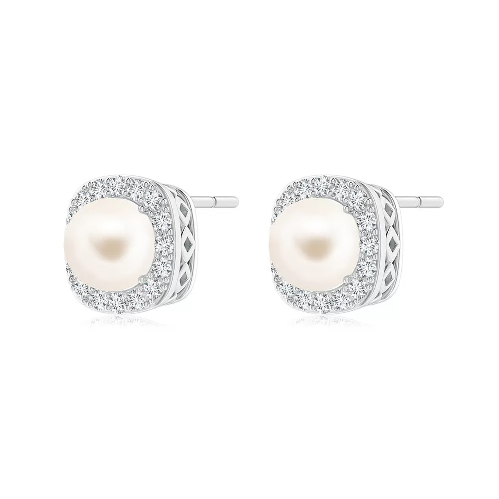 6mm Classic Freshwater Cultured Pearl Stud Earrings with Moissanite Halo