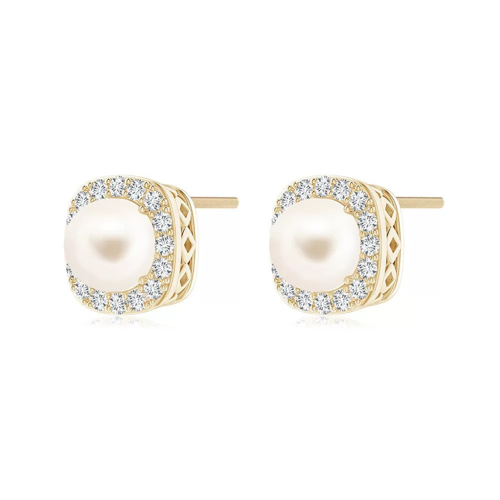 6mm Classic Freshwater Cultured Pearl Stud Earrings with Moissanite Halo