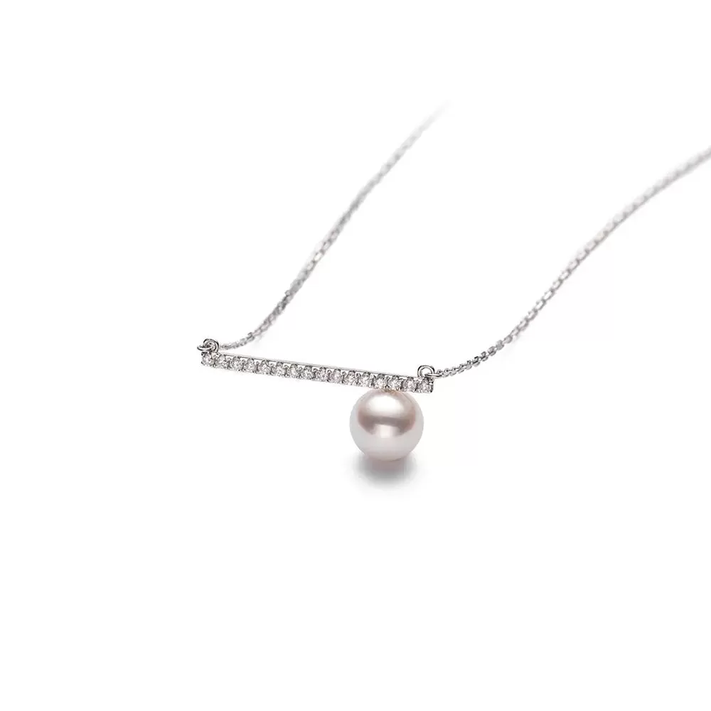 8mm Classy Freshwater Cultured Pearl Balance Beam Necklace with Moissanite Pavé