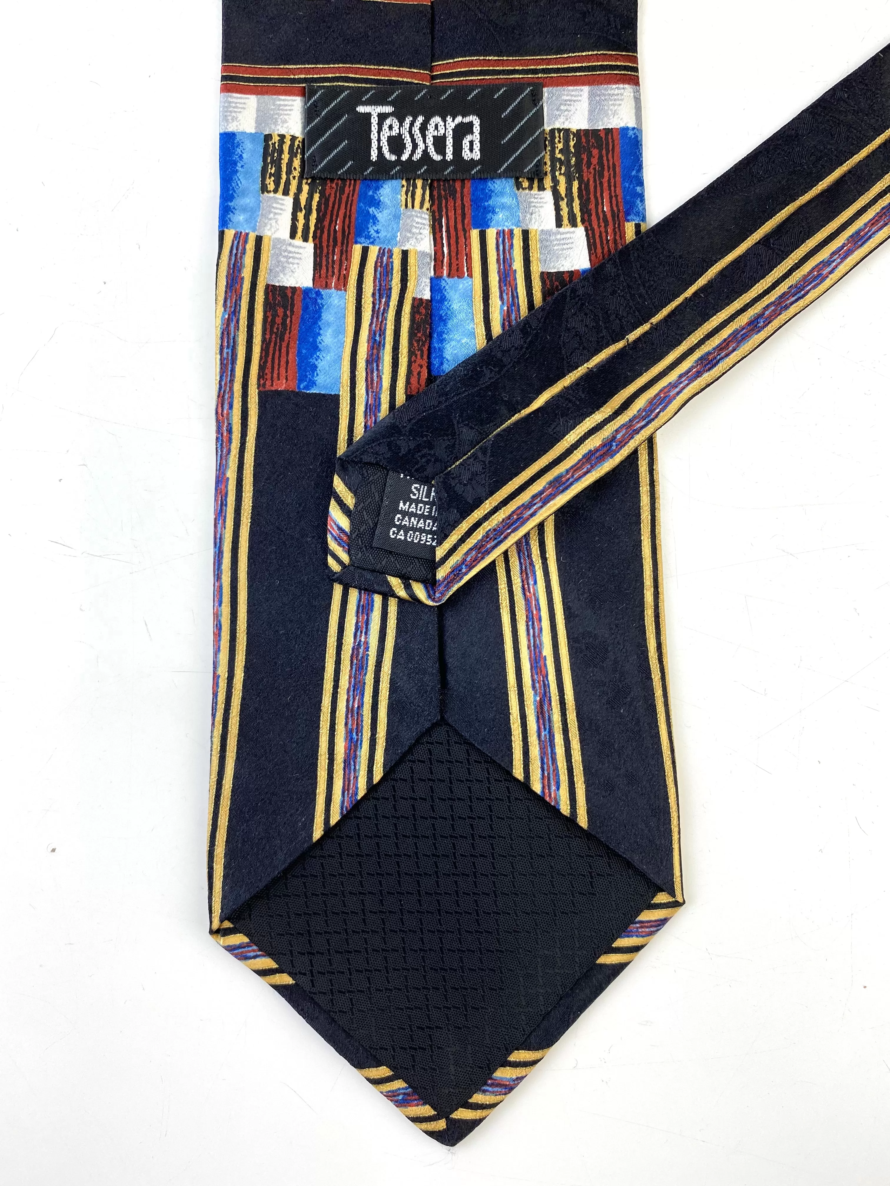 90s Deadstock Silk Necktie, Men's Vintage Black/ Blue/ Gold/ Umber Geometric Pattern Tie, NOS