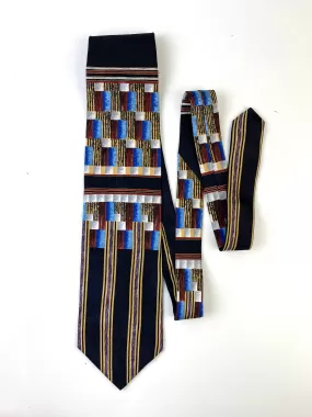 90s Deadstock Silk Necktie, Men's Vintage Black/ Blue/ Gold/ Umber Geometric Pattern Tie, NOS