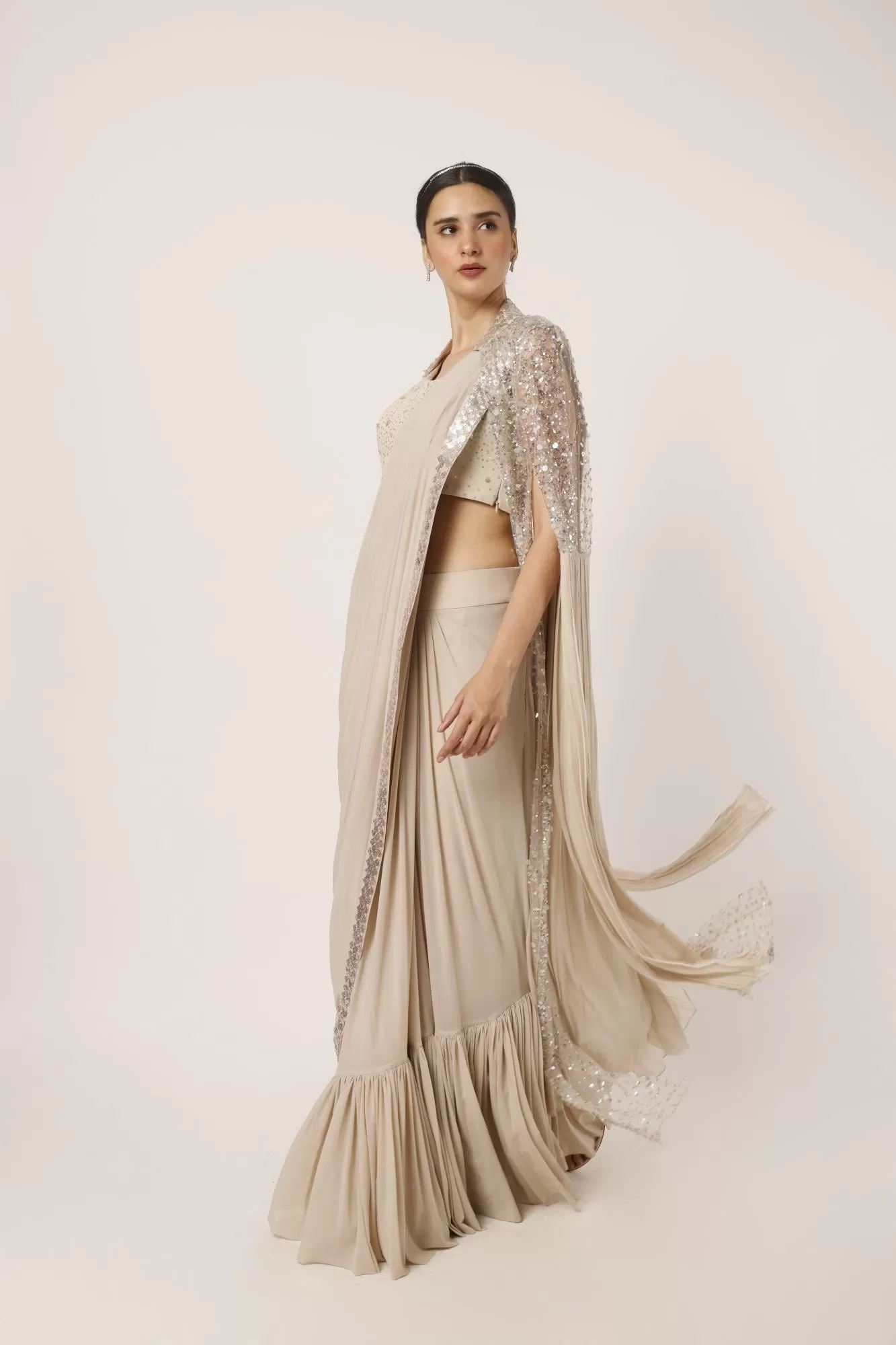 90Z929-RO Beige Darpe Saree With Statement Sleeved Cape